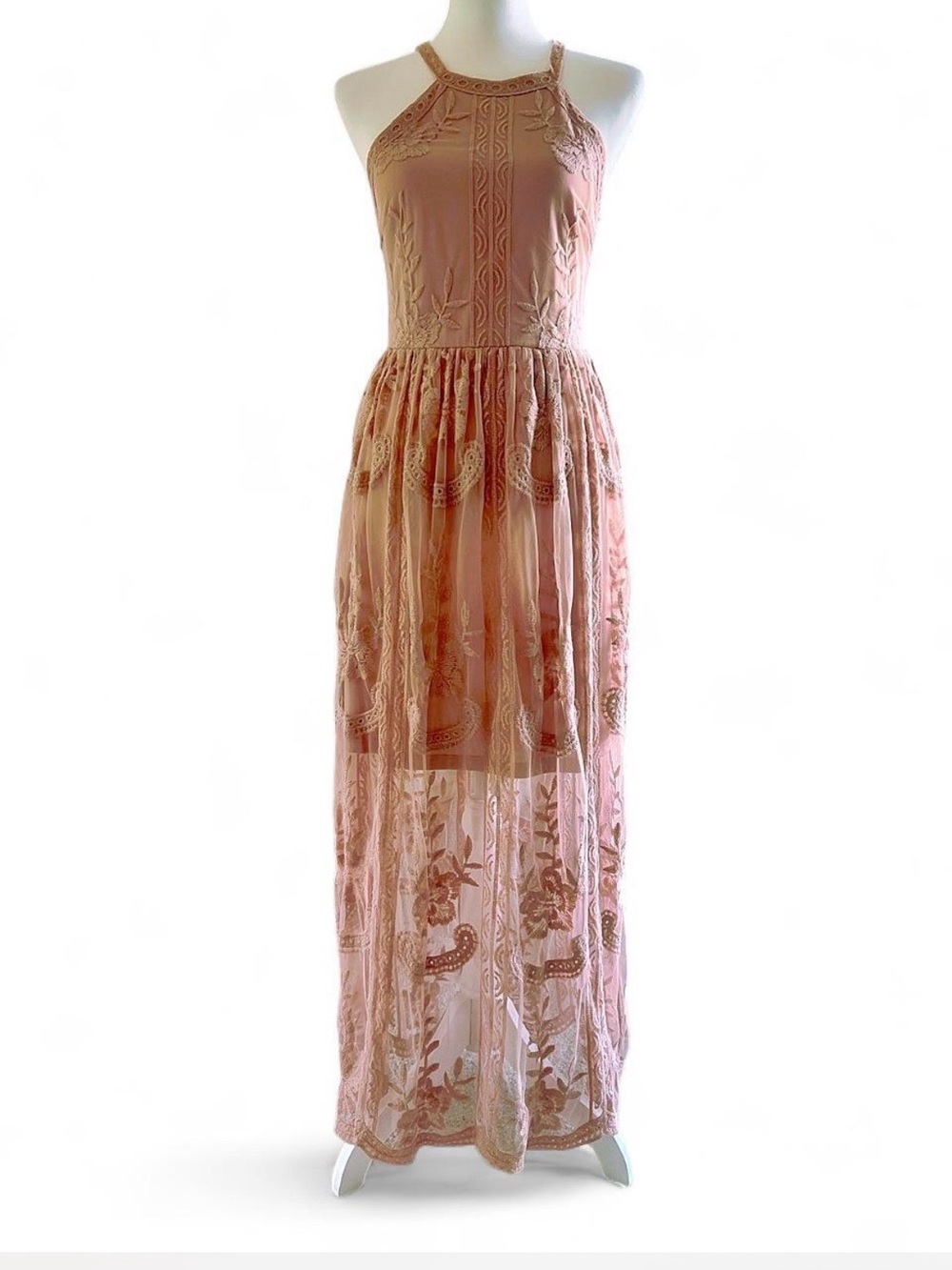 Altar'd State Dusty Pink Lace Halter Maxi Dress - Size Medium